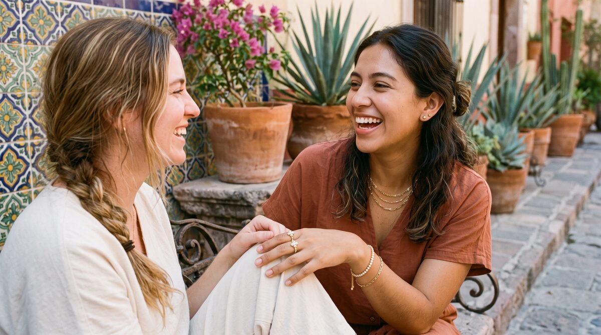 Dos amigas con anillo y pulsera beaüra en un patio