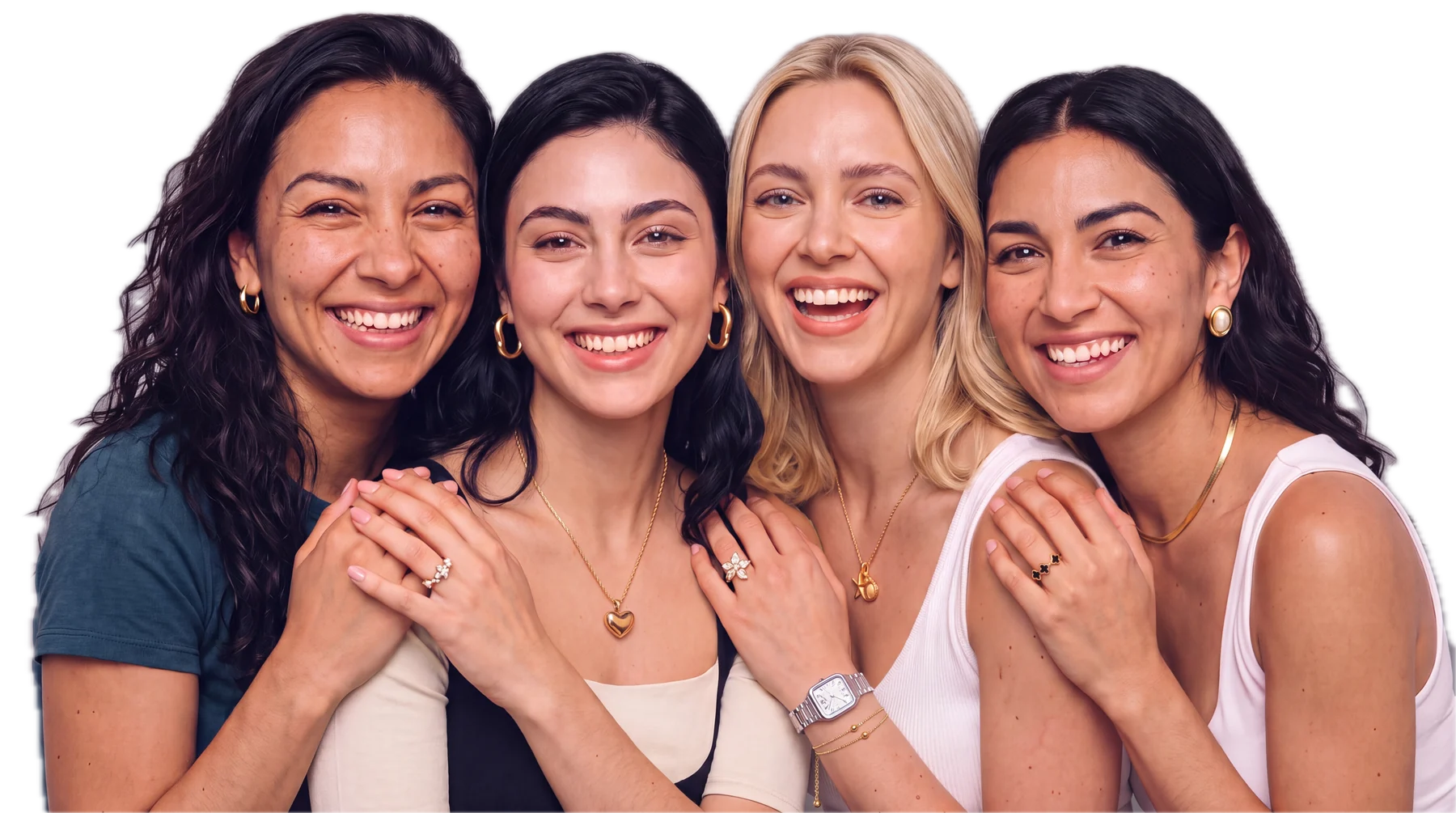Cuatro mujeres sonriendo con joyería beaüra